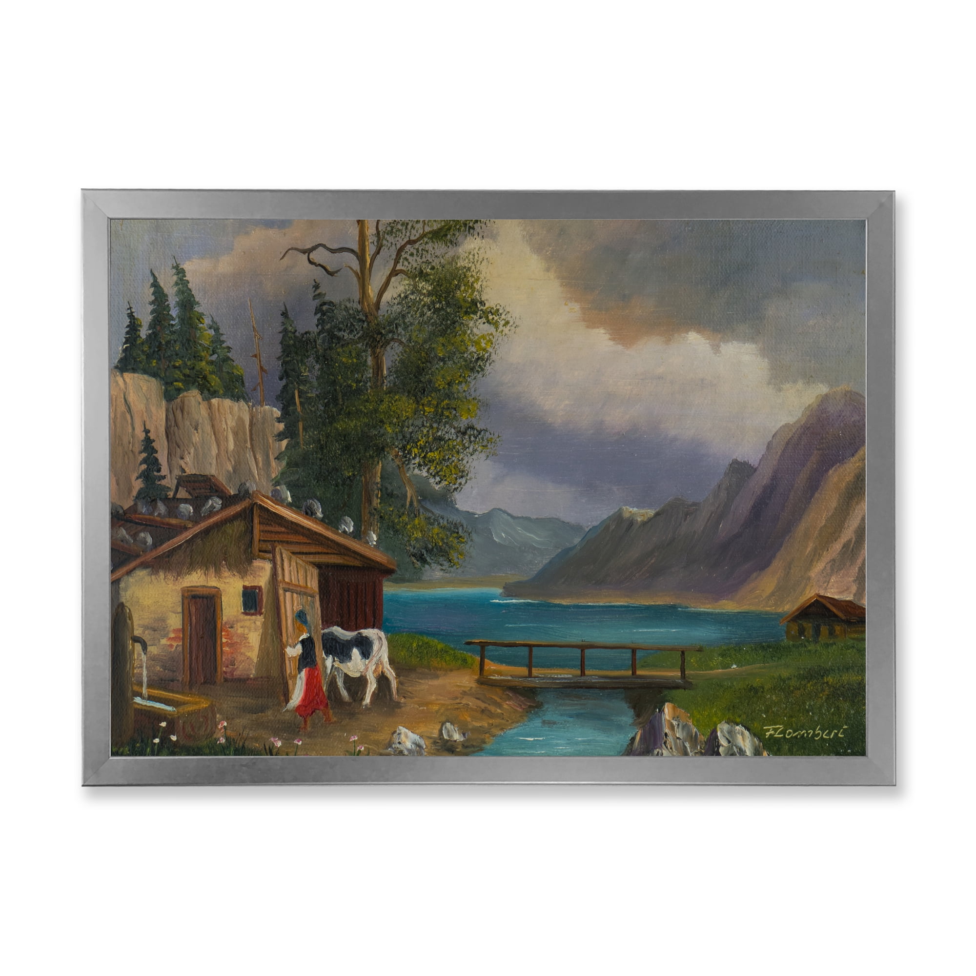 Designart 'Girl Brings The Cow Into The Stable At A Lake' Farmhouse Framed Art Print