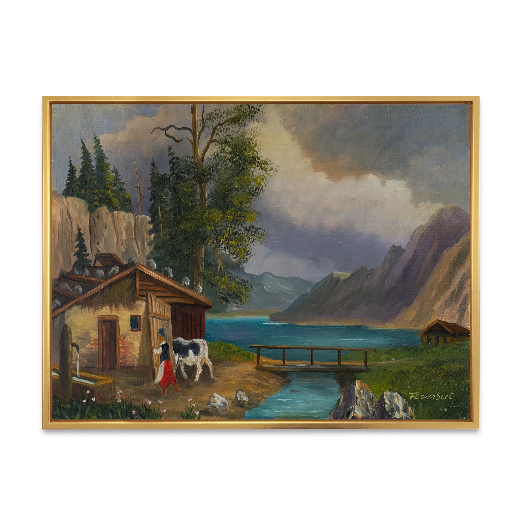 Designart 'Girl Brings The Cow Into The Stable At A Lake' Farmhouse Framed Canvas Wall Art Print