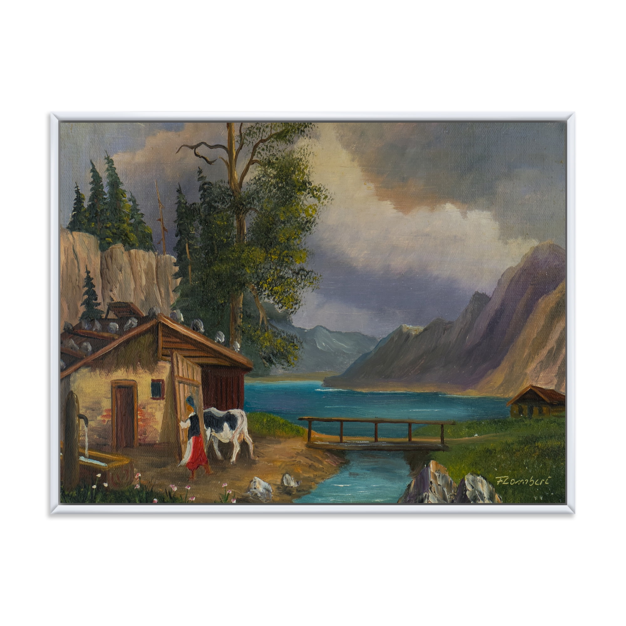 Designart 'Girl Brings The Cow Into The Stable At A Lake' Farmhouse Framed Canvas Wall Art Print