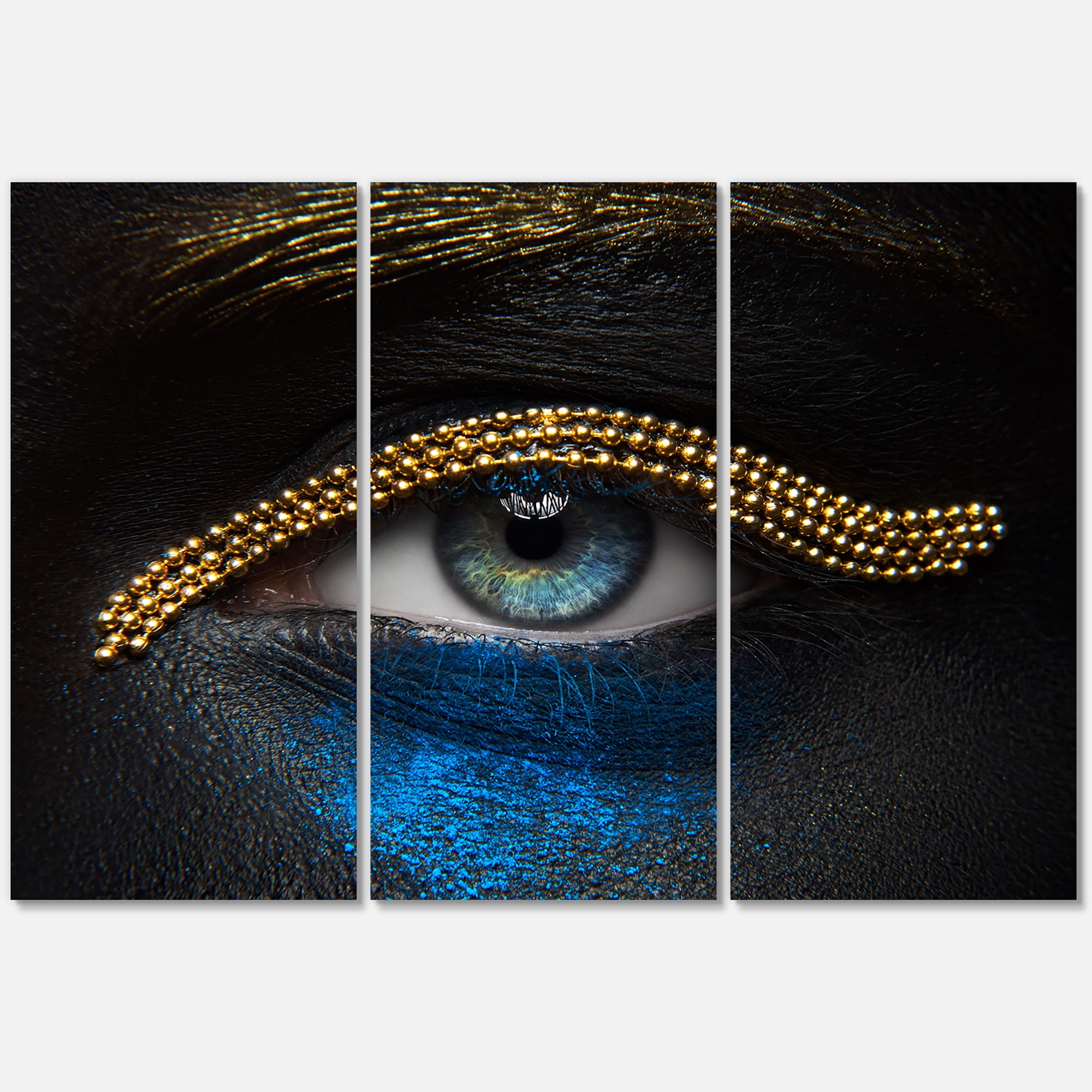 Designart ' Girl Eyes With Gold Chain and Blue Pigment ' Modern Canvas Wall Art Print
