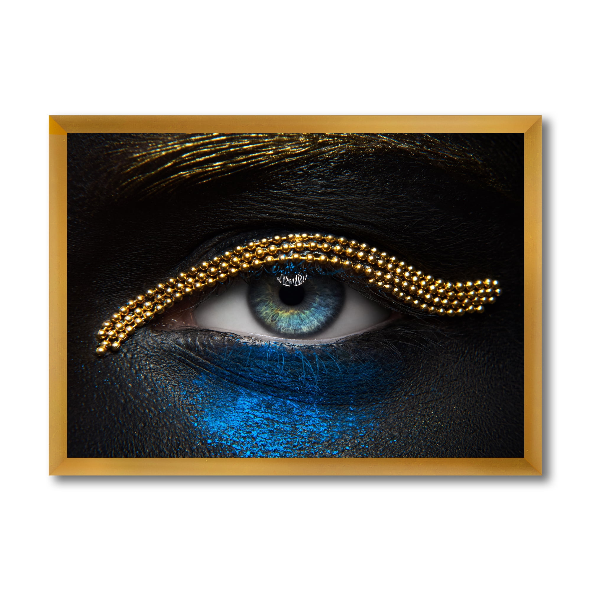 Designart 'Girl Eyes With Gold Chain and Blue Pigment' Modern Framed Art Print