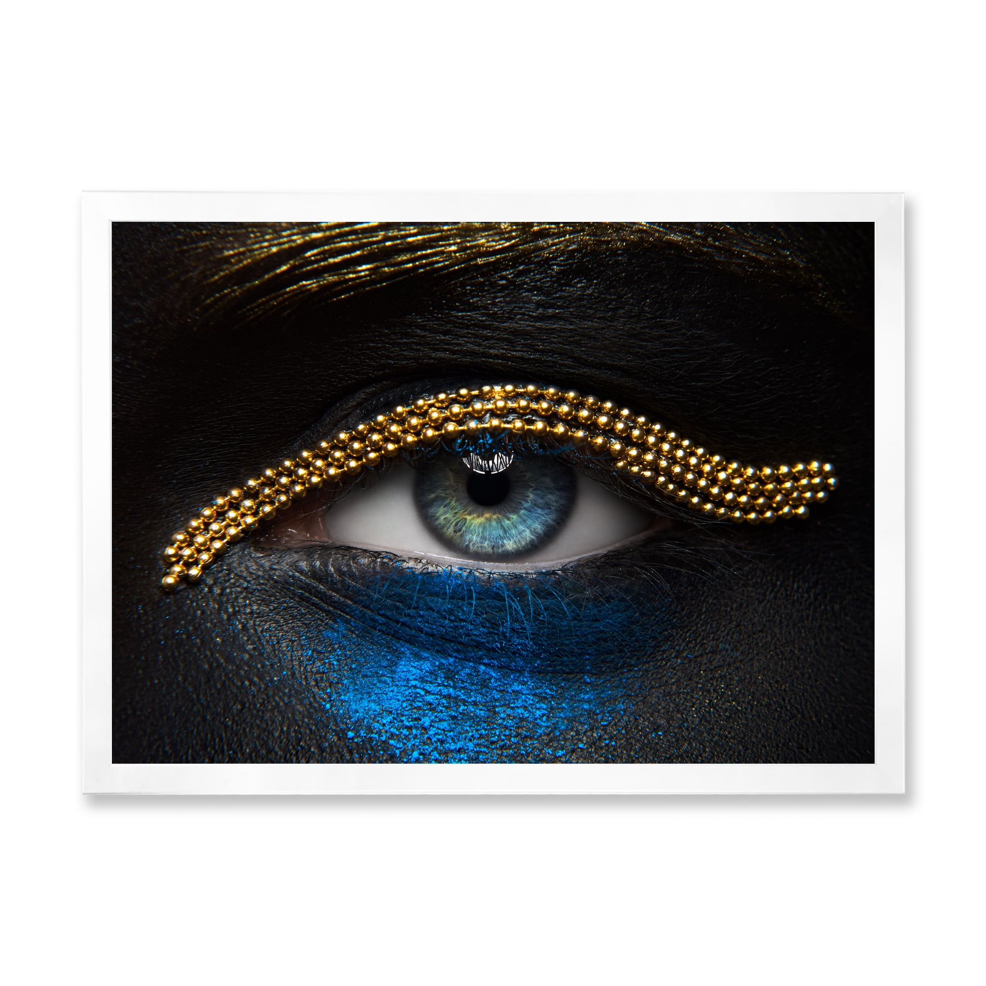 Designart 'Girl Eyes With Gold Chain and Blue Pigment' Modern Framed Art Print