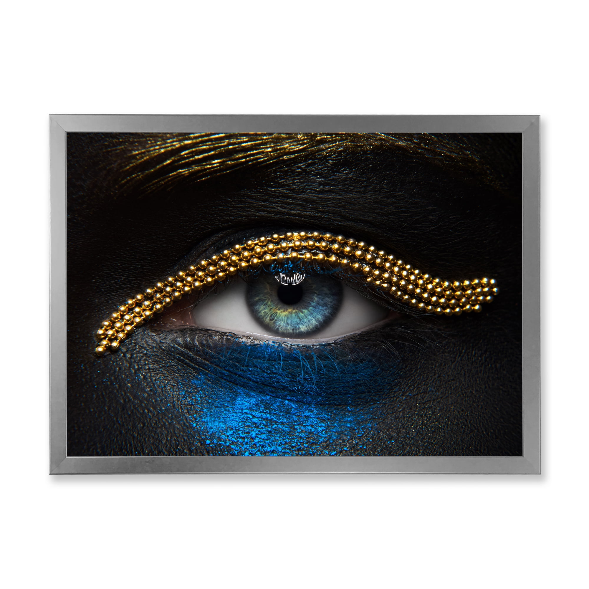 Designart 'Girl Eyes With Gold Chain and Blue Pigment' Modern Framed Art Print