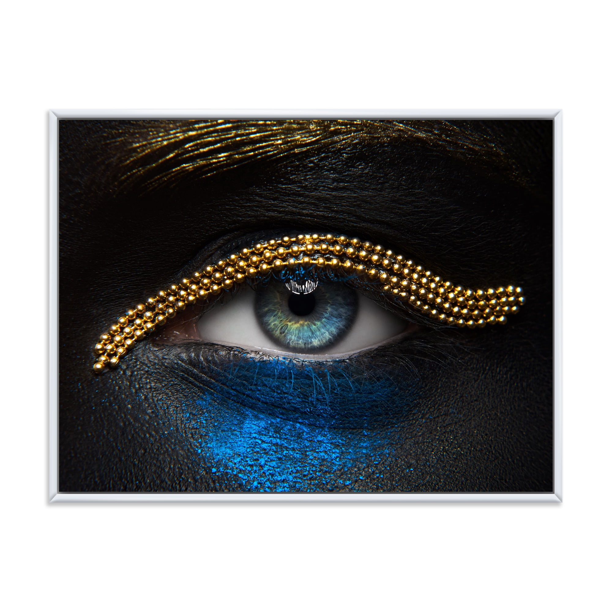 Designart 'Girl Eyes With Gold Chain and Blue Pigment' Modern Framed Canvas Wall Art Print