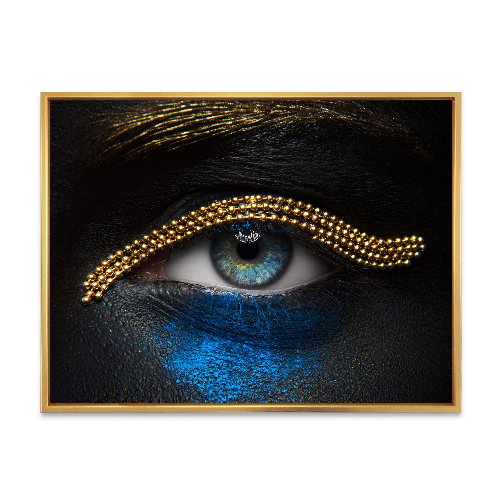 Designart 'Girl Eyes With Gold Chain and Blue Pigment' Modern Framed Canvas Wall Art Print