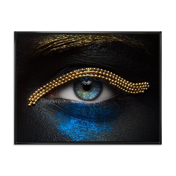 Designart 'Girl Eyes With Gold Chain and Blue Pigment' Modern Framed Canvas Wall Art Print