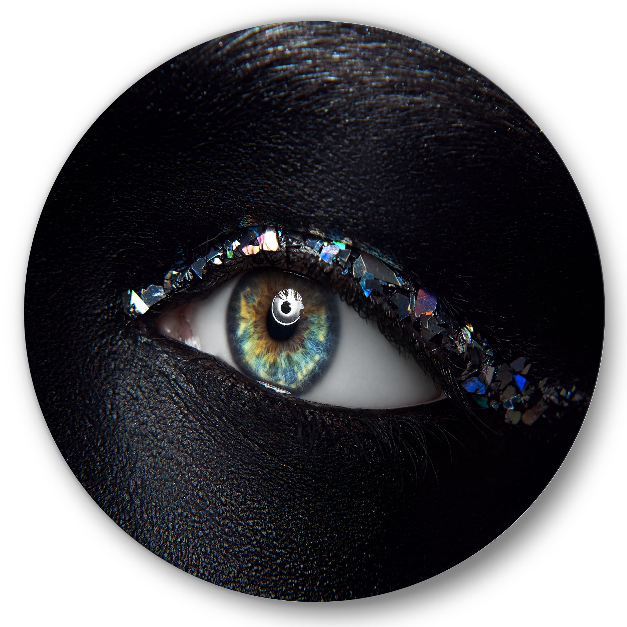 Designart 'Girl Eyes With Multi-Colored Glass Sparkles' Modern Circle Metal Wall Art 36x36 - Disc of 36