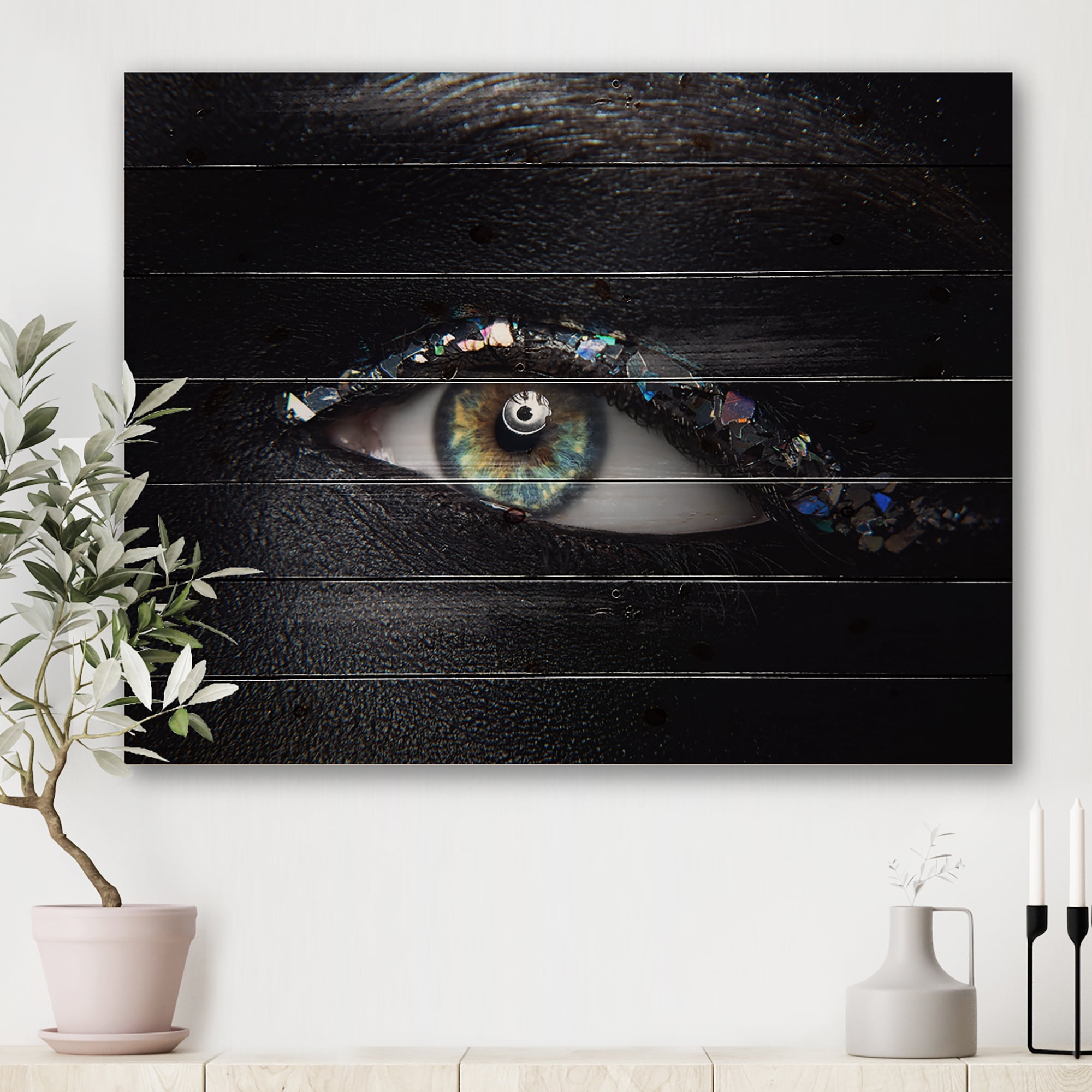 Designart 'Girl Eyes With Multi-Colored Glass Sparkles' Modern Print on Natural Pine Wood