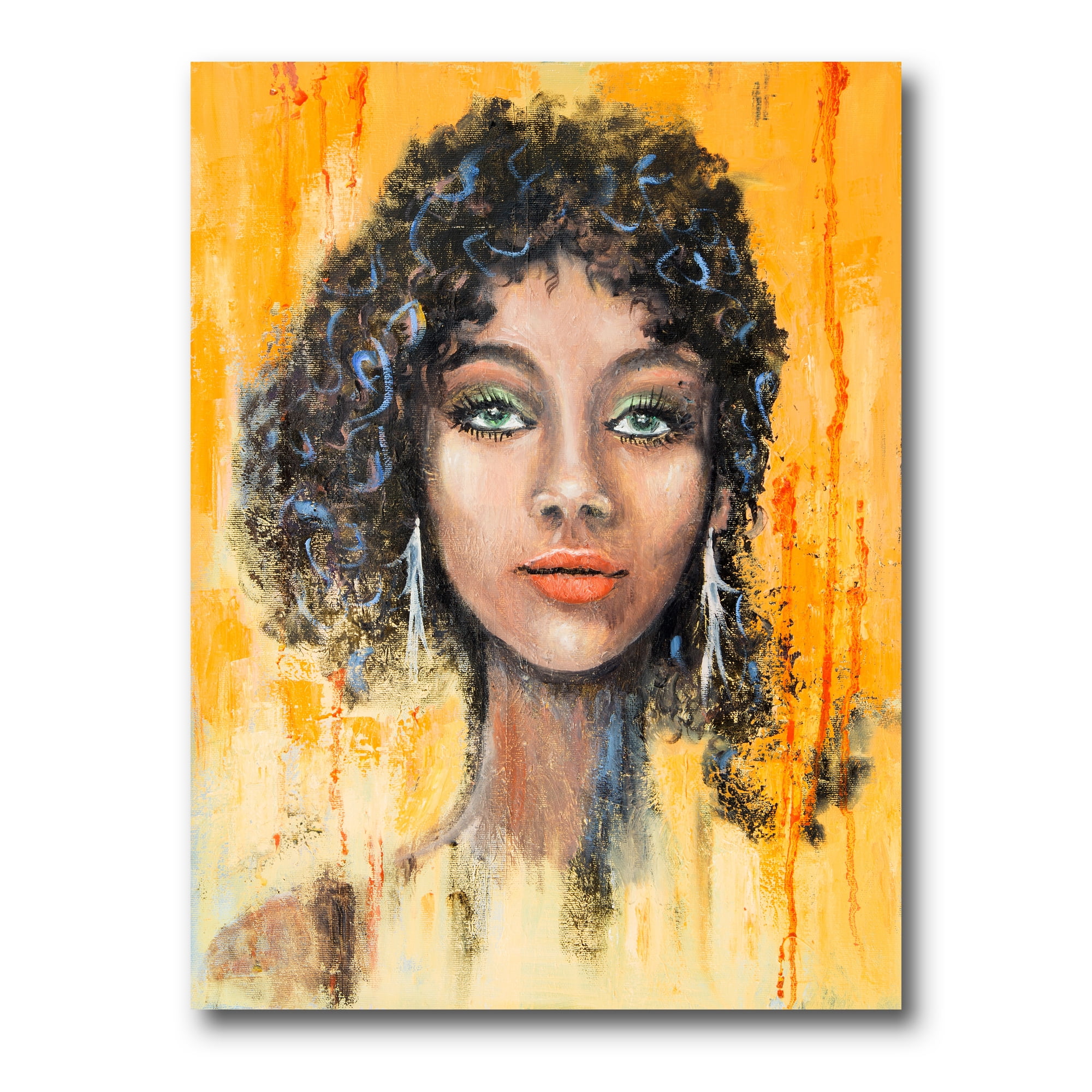 Designart ' Girl Face With Green Eyes & Black Hair Impression ' Modern Canvas Wall Art Print