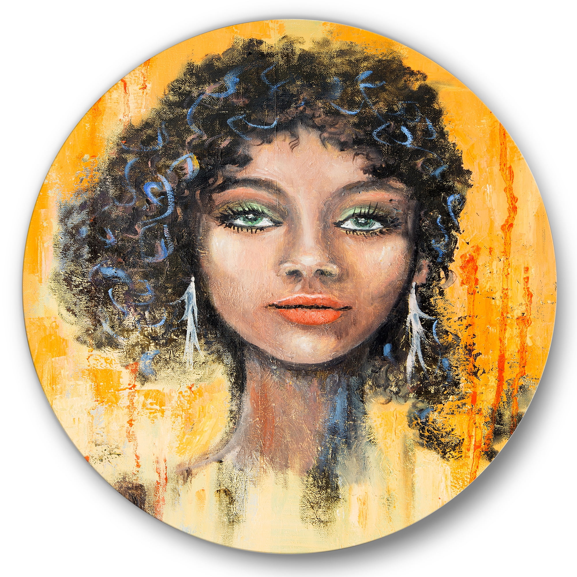 Designart 'Girl Face With Green Eyes & Black Hair Impression' Modern Circle Metal Wall Art 23x23 - Disc of 23