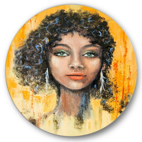 Designart 'Girl Face With Green Eyes & Black Hair Impression' Modern Circle Metal Wall Art 29x29 - Disc of 29