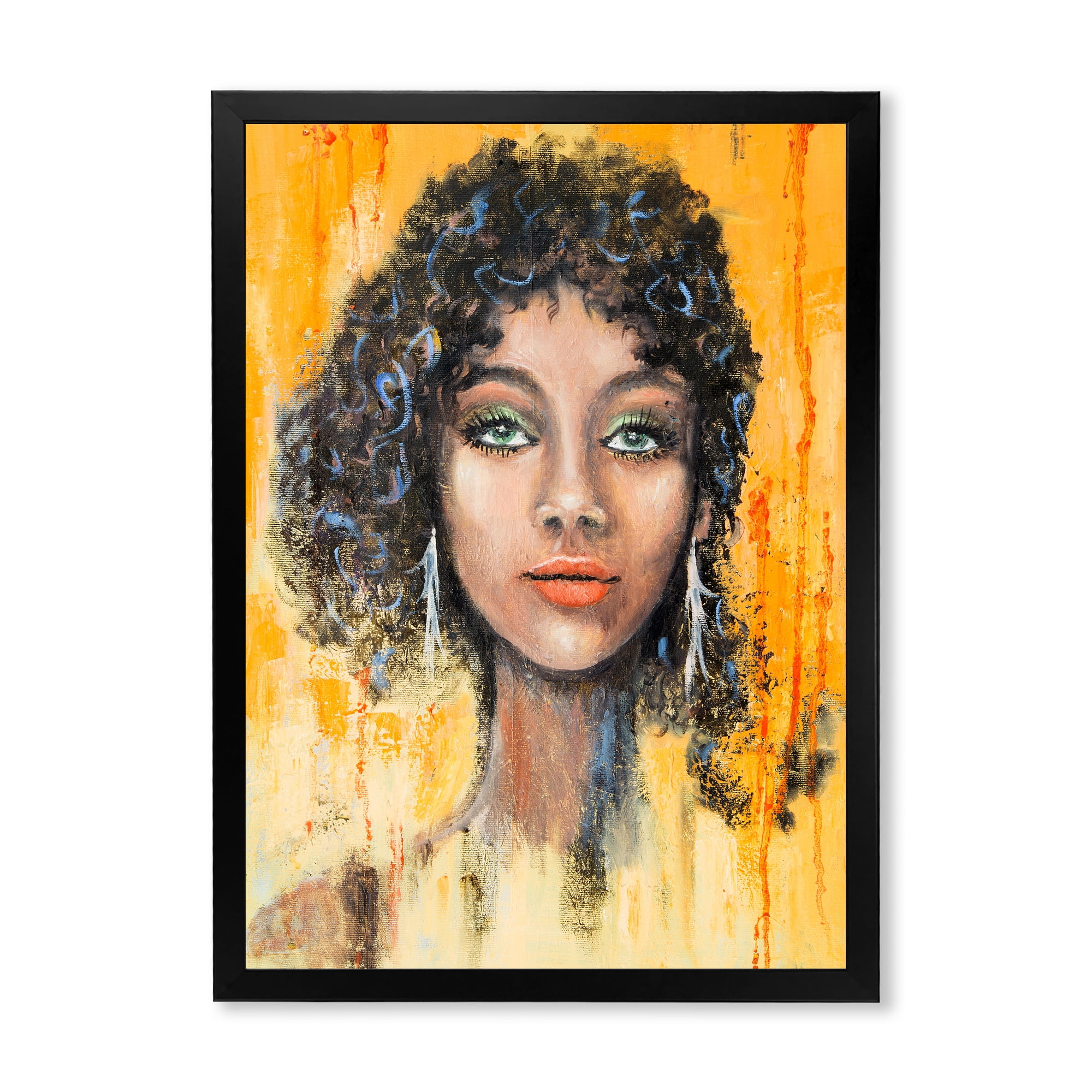 Designart 'Girl Face With Green Eyes & Black Hair Impression' Modern Framed Art Print