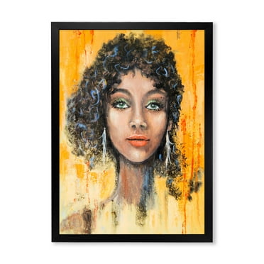 Designart 'Girl Face With Green Eyes & Black Hair Impression' Modern Framed Art Print