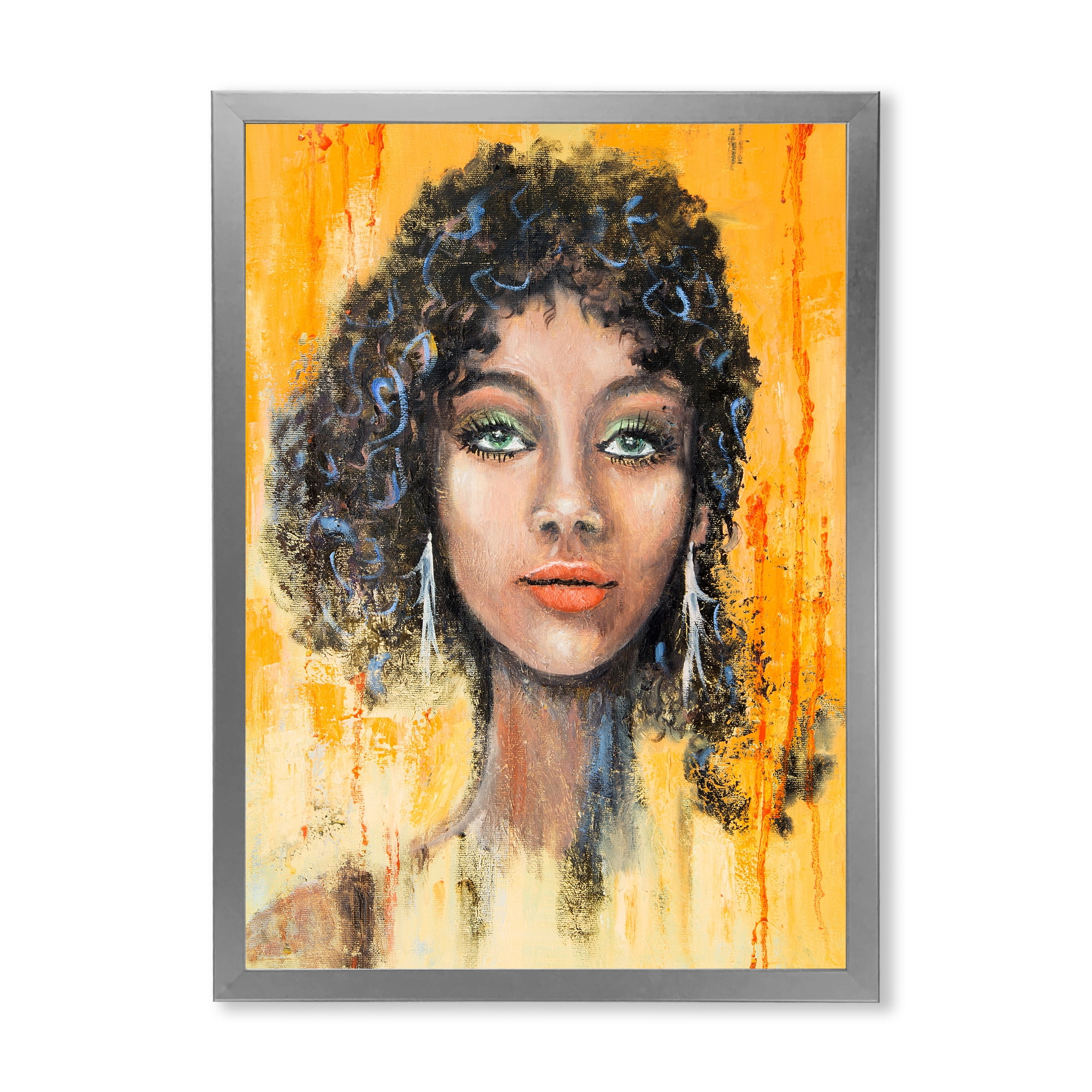 Designart 'Girl Face With Green Eyes & Black Hair Impression' Modern Framed Art Print