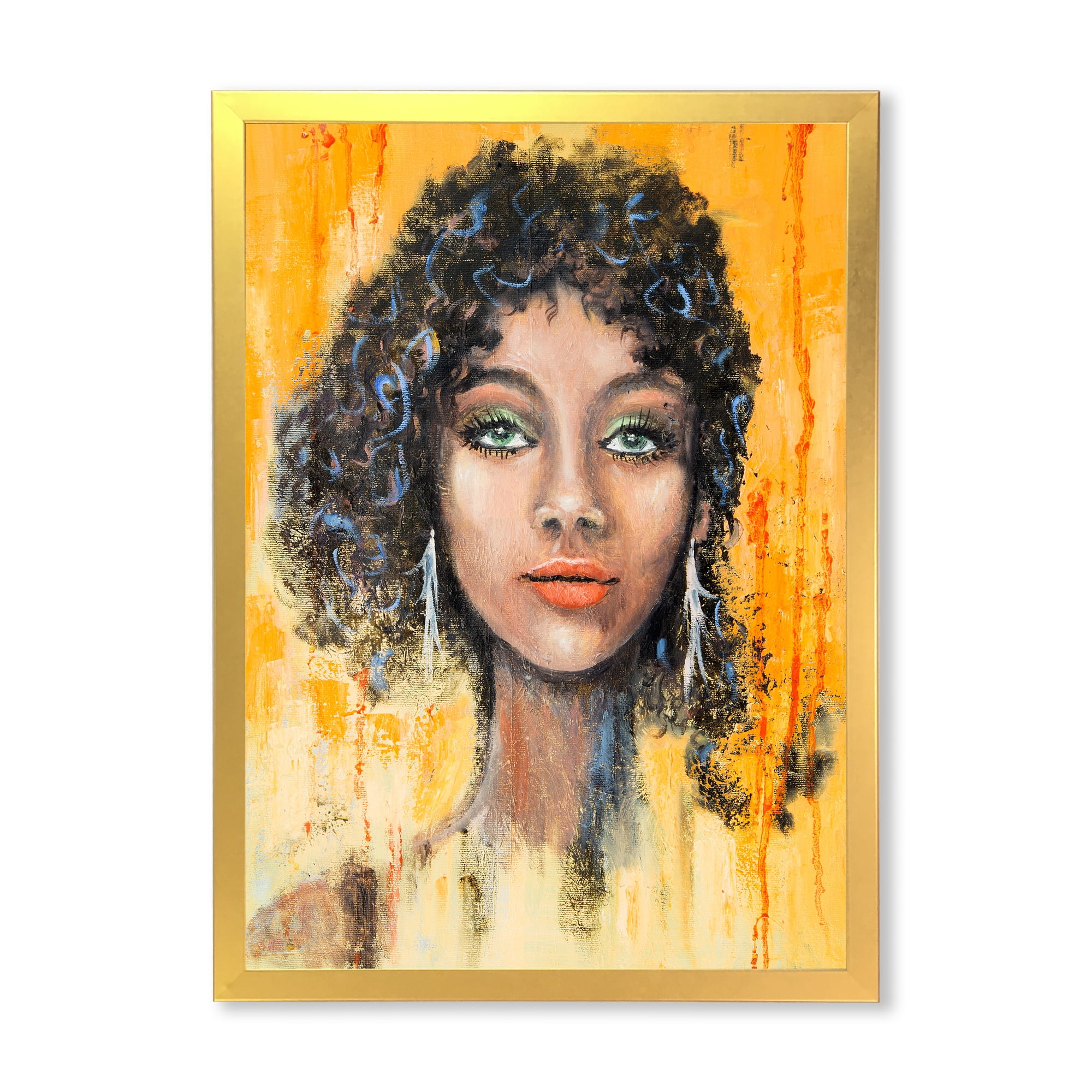Designart 'Girl Face With Green Eyes & Black Hair Impression' Modern Framed Art Print