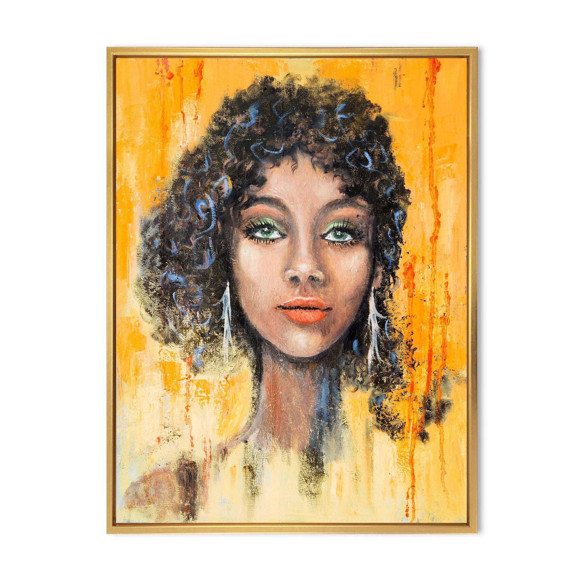 Designart 'Girl Face With Green Eyes & Black Hair Impression' Modern Framed Canvas Wall Art Print