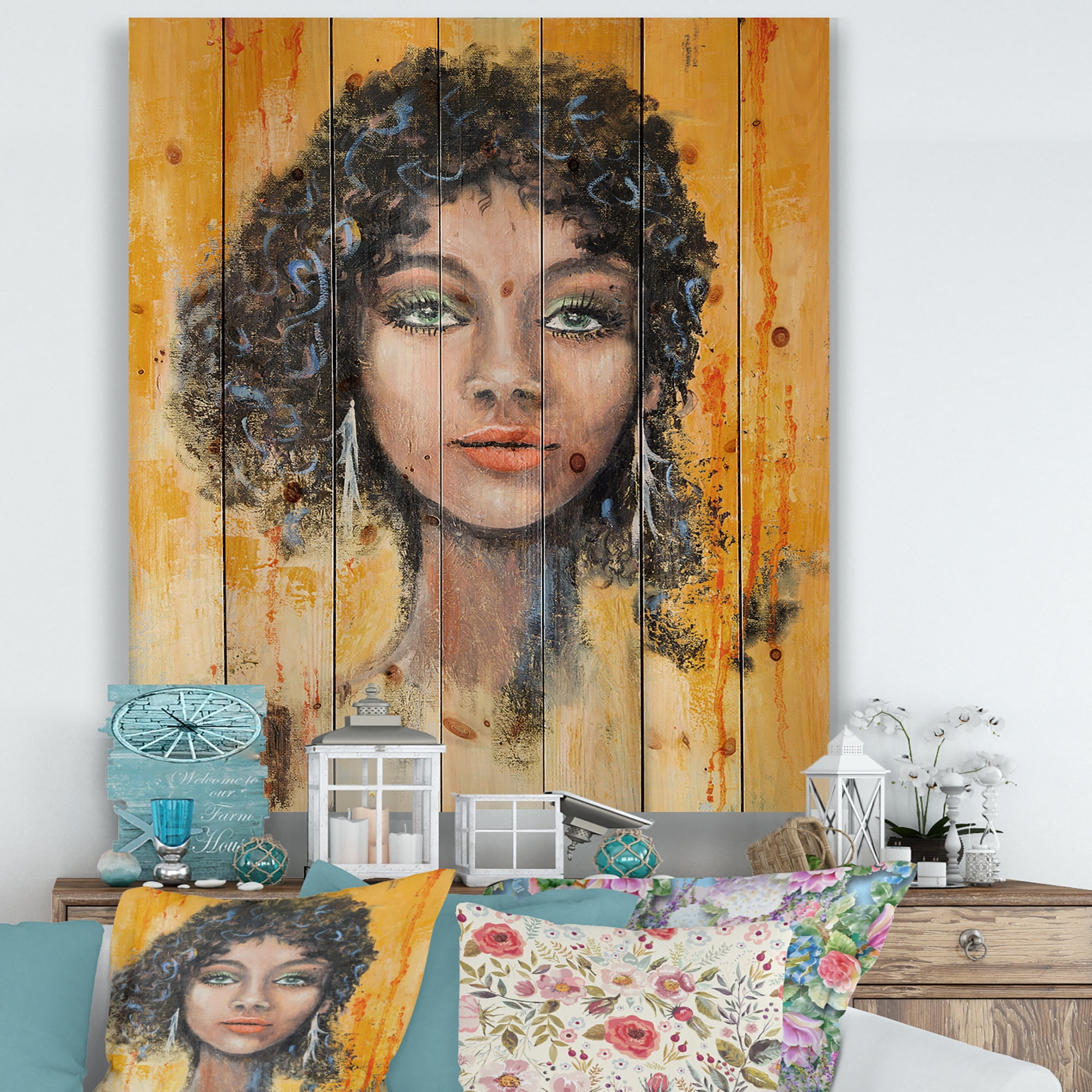 Designart 'Girl Face With Green Eyes & Black Hair Impression' Modern Print on Natural Pine Wood