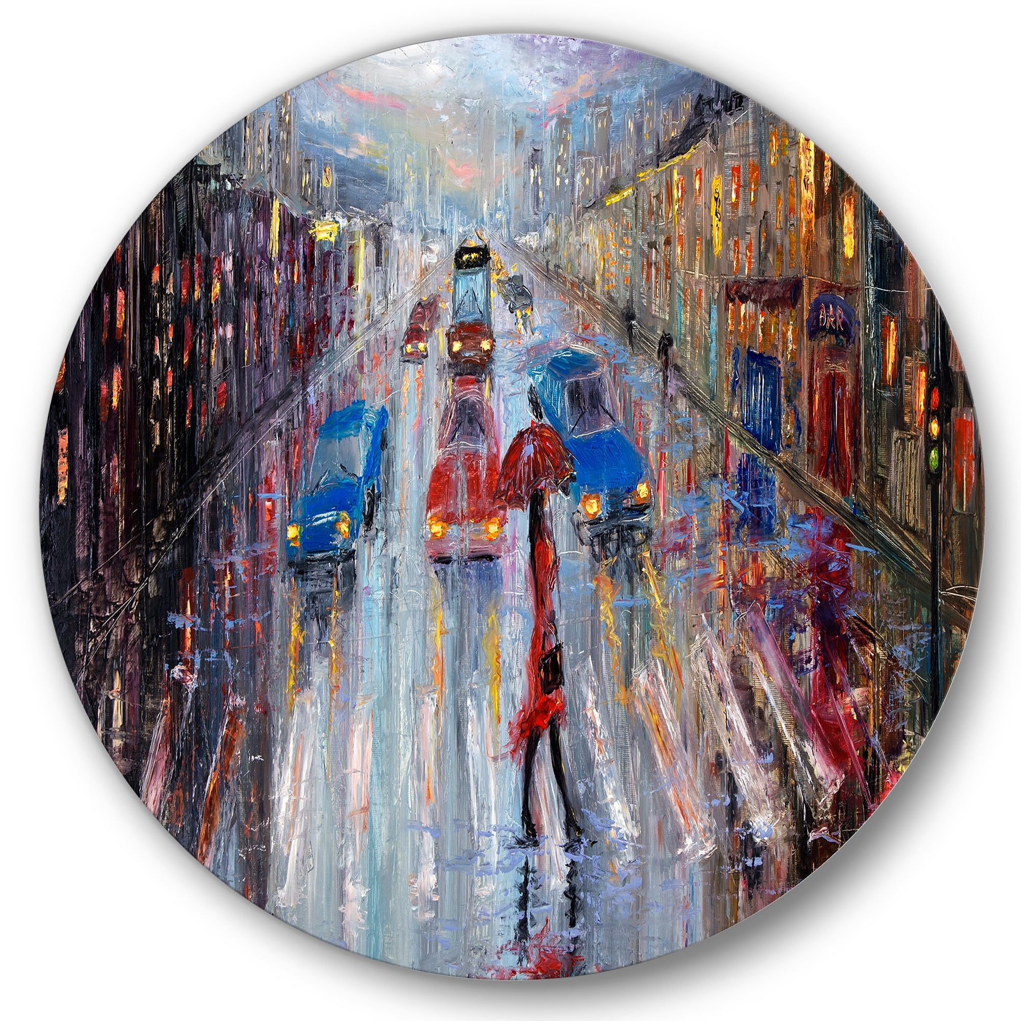 Designart 'Girl In Red Crossing The Street' Traditional Circle Metal Wall Art 36x36 - Disc of 36