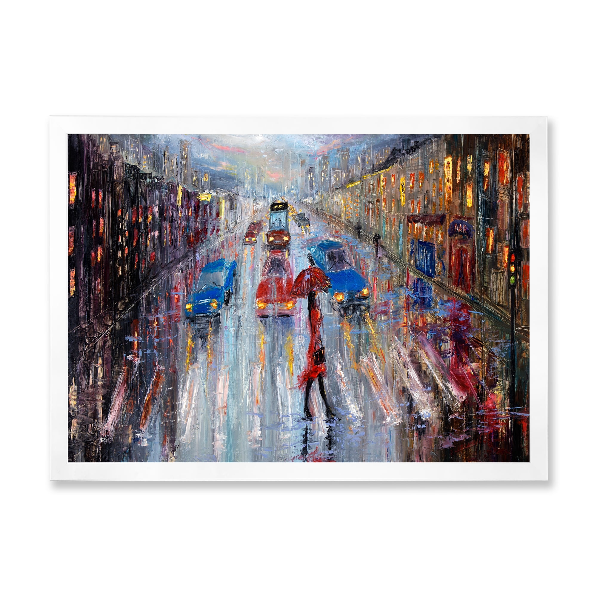 Designart 'Girl In Red Crossing The Street' Traditional Framed Art Print