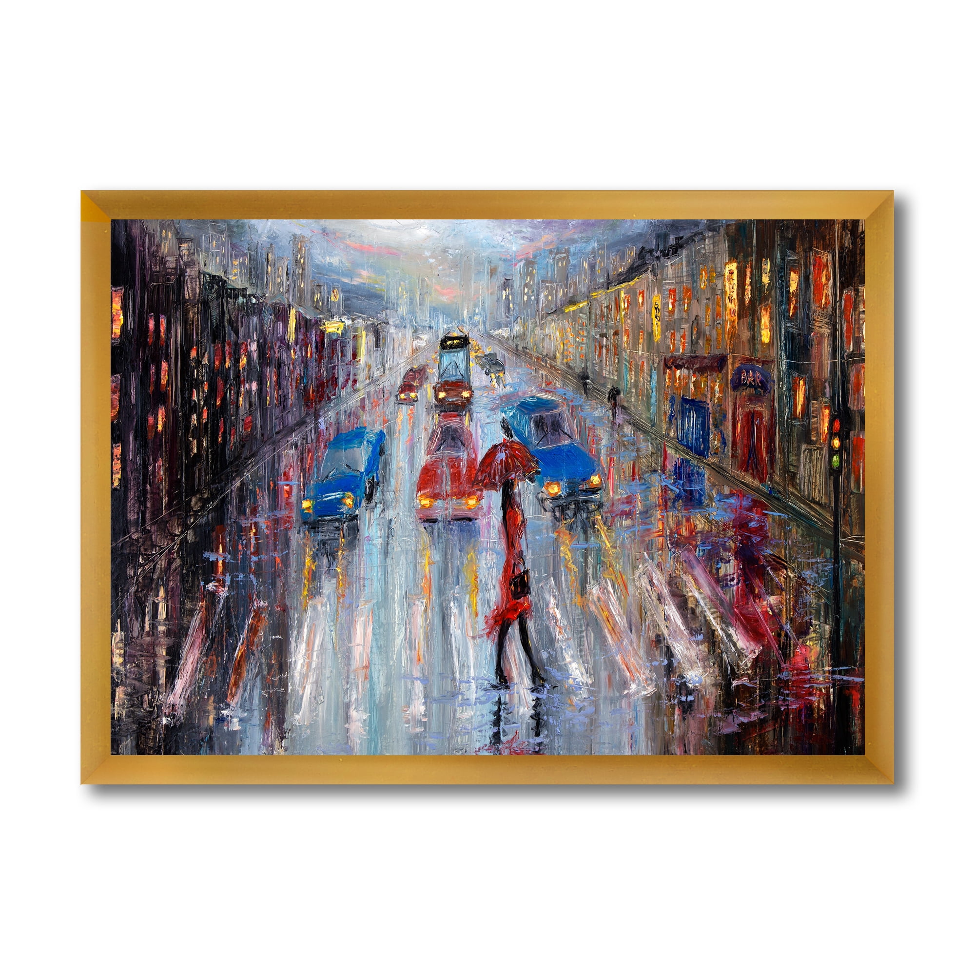 Designart 'Girl In Red Crossing The Street' Traditional Framed Art Print