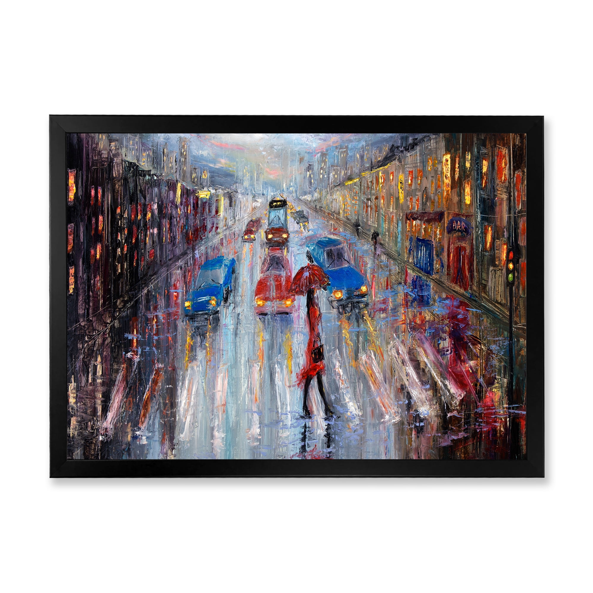Designart 'Girl In Red Crossing The Street' Traditional Framed Art Print