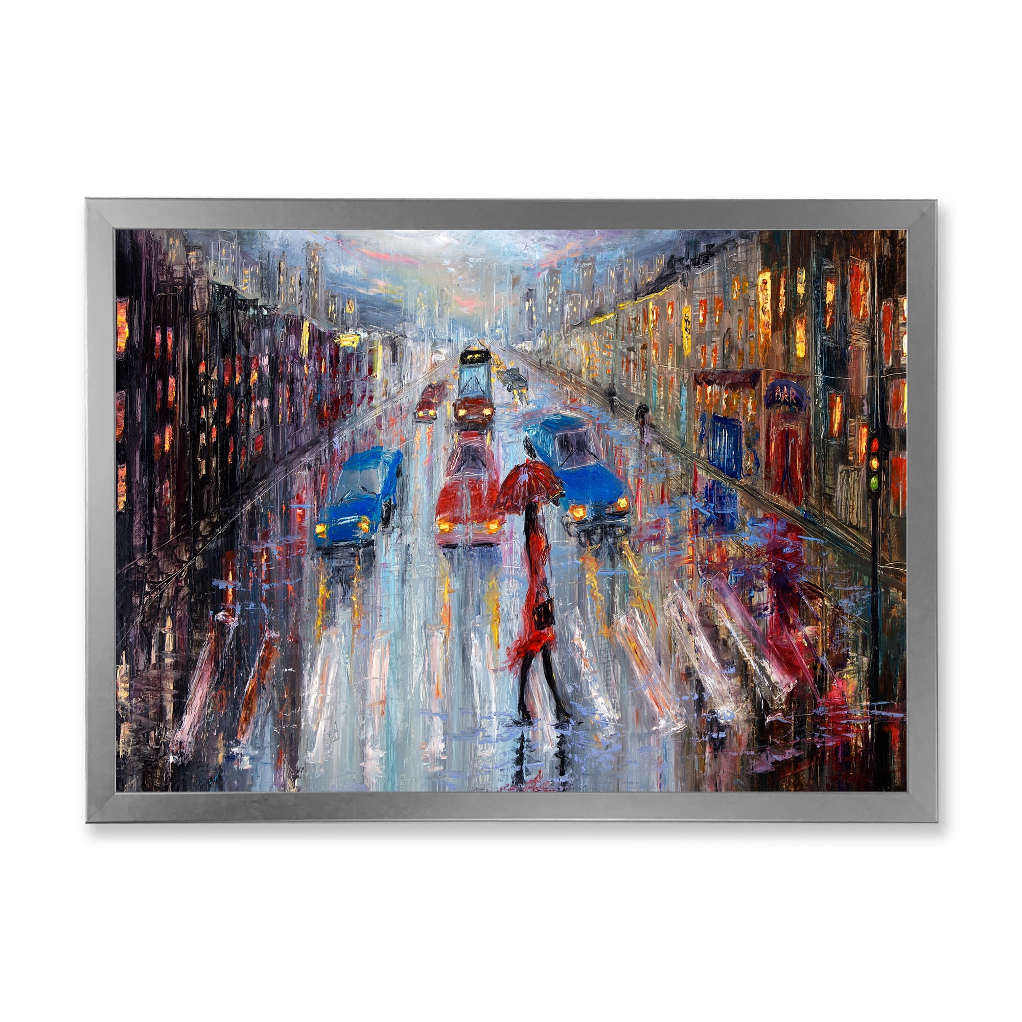 Designart 'Girl In Red Crossing The Street' Traditional Framed Art Print