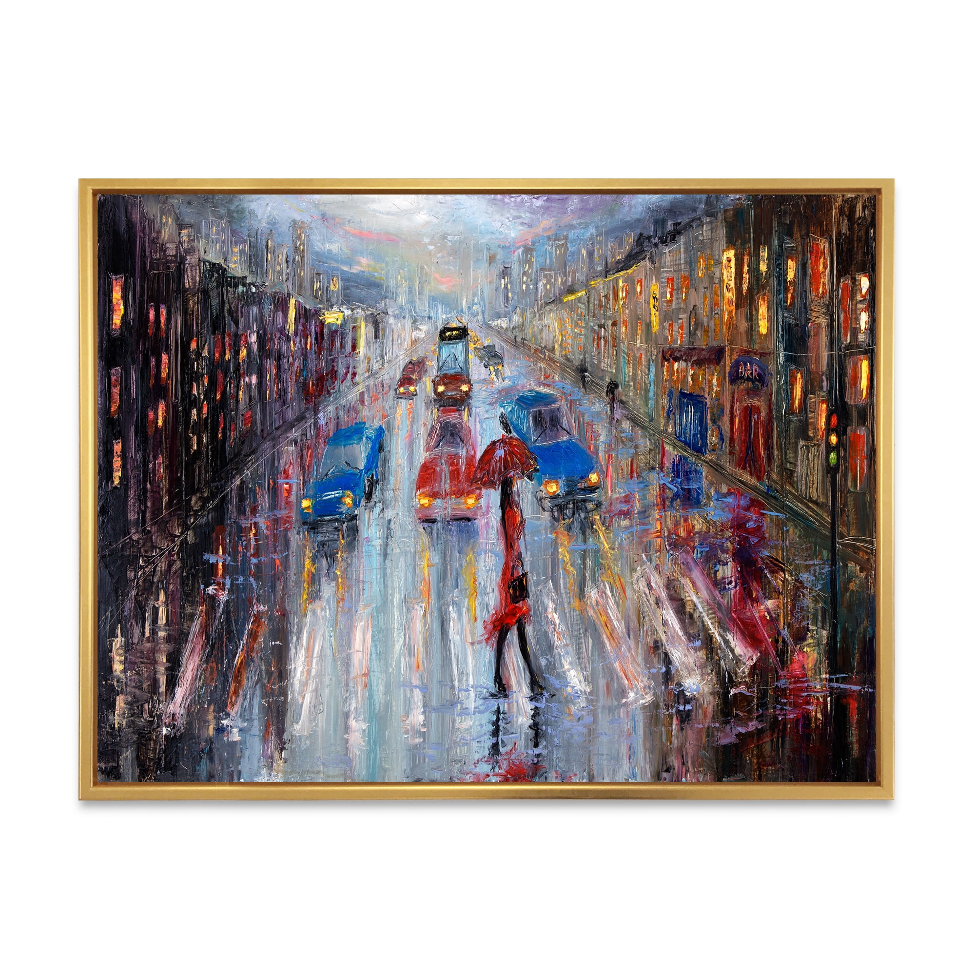 Designart 'Girl In Red Crossing The Street' Traditional Framed Canvas Wall Art Print