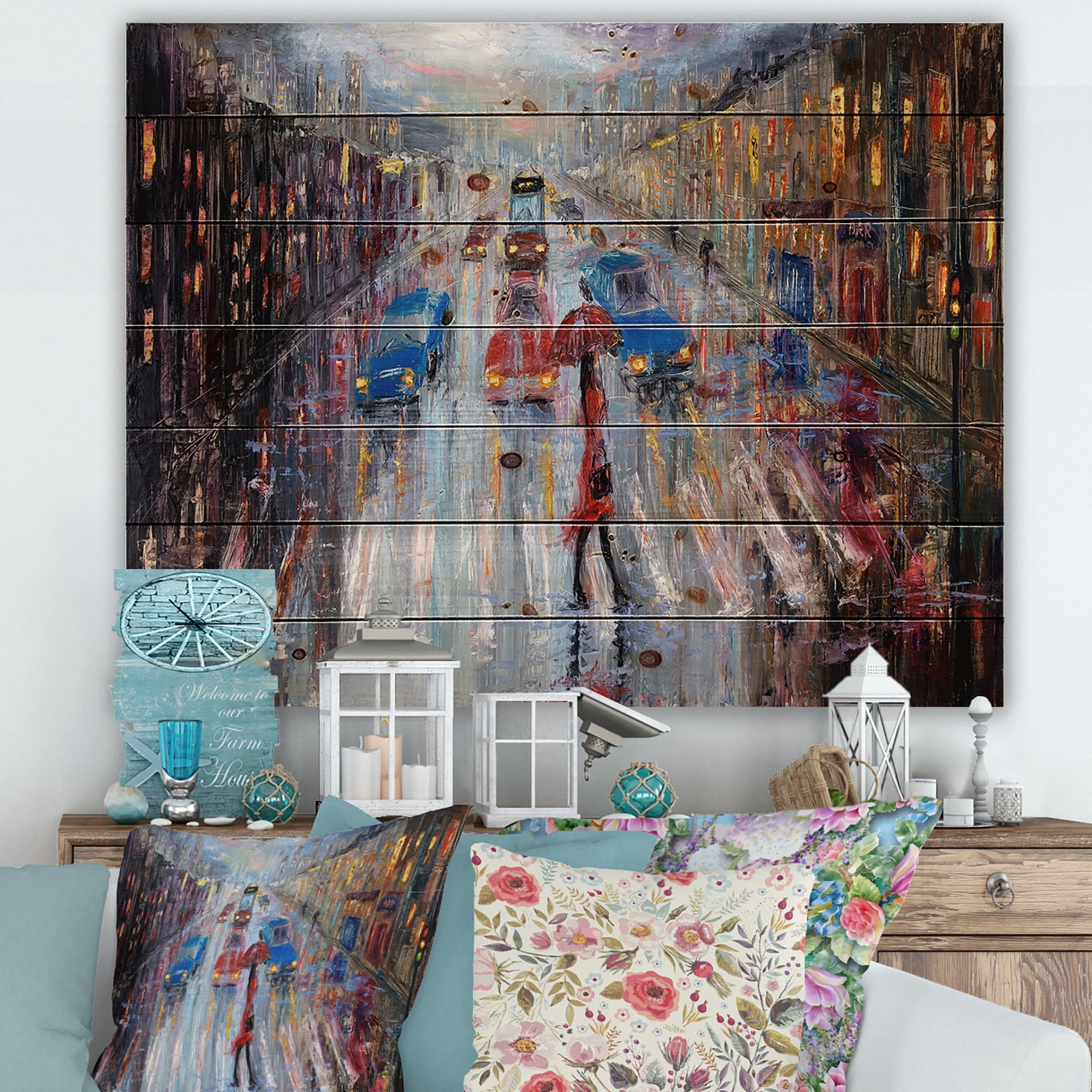 Designart 'Girl In Red Crossing The Street' Traditional Print on Natural Pine Wood