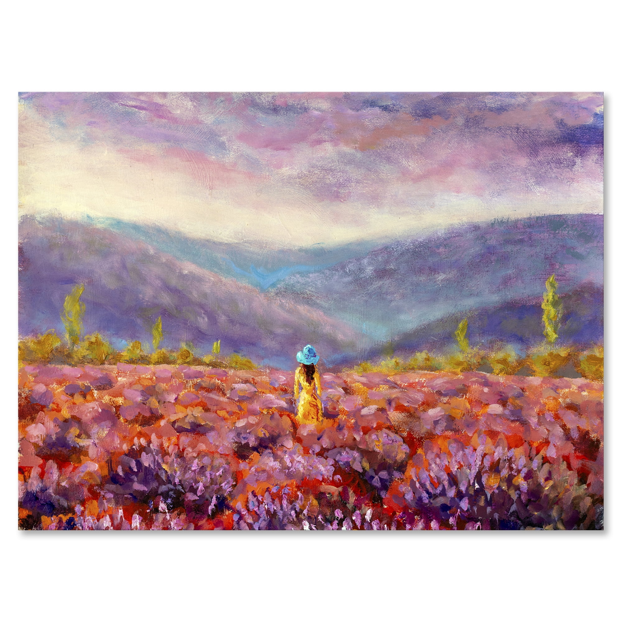 Designart ' Girl In Yellow Dress & Hat Walking Through Fields ' Traditional Canvas Wall Art Print