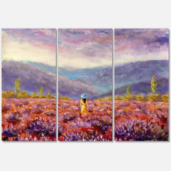 Designart ' Girl In Yellow Dress & Hat Walking Through Fields ' Traditional Canvas Wall Art Print