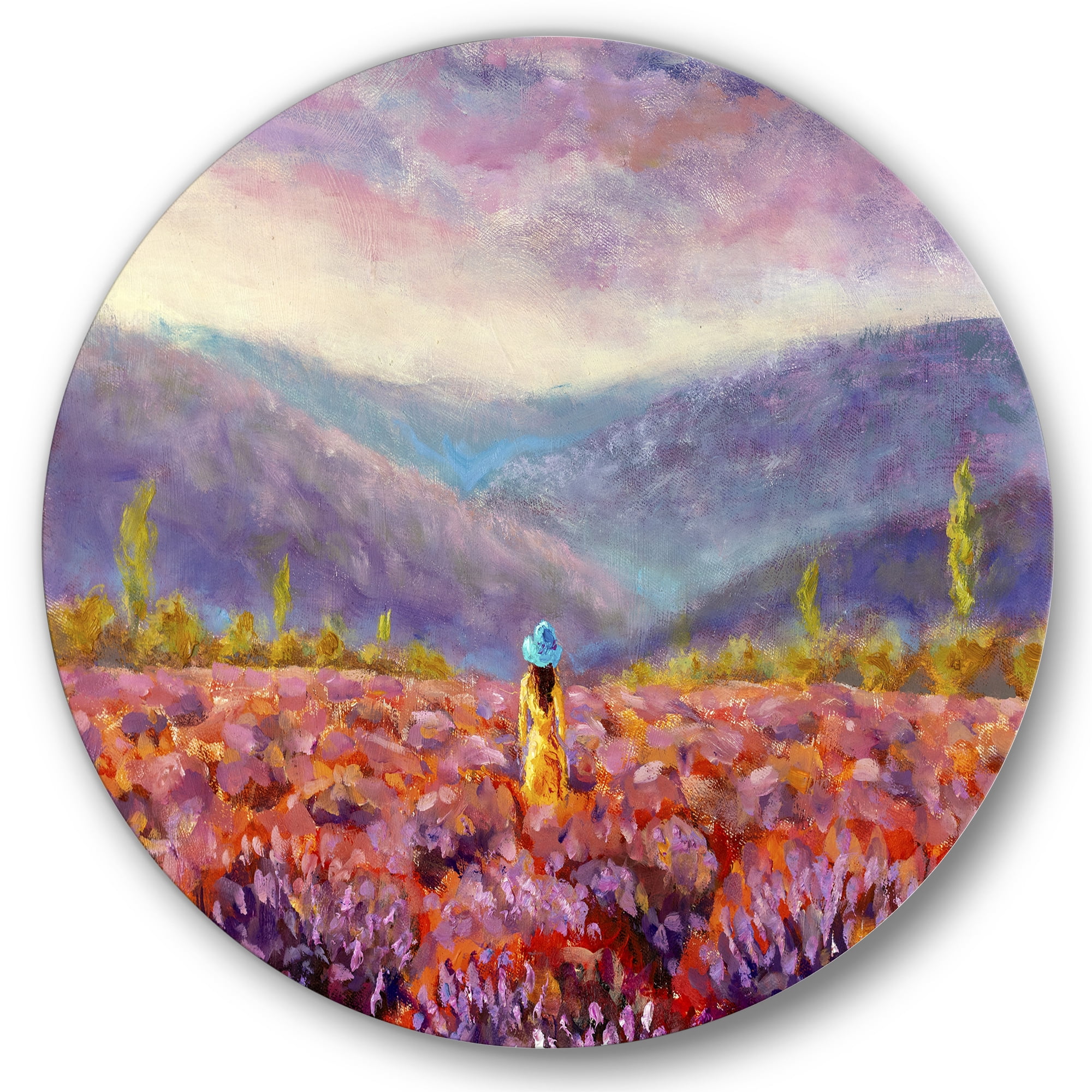 Designart 'Girl In Yellow Dress & Hat Walking Through Fields' Traditional Circle Metal Wall Art 11x11 - Disc of 11