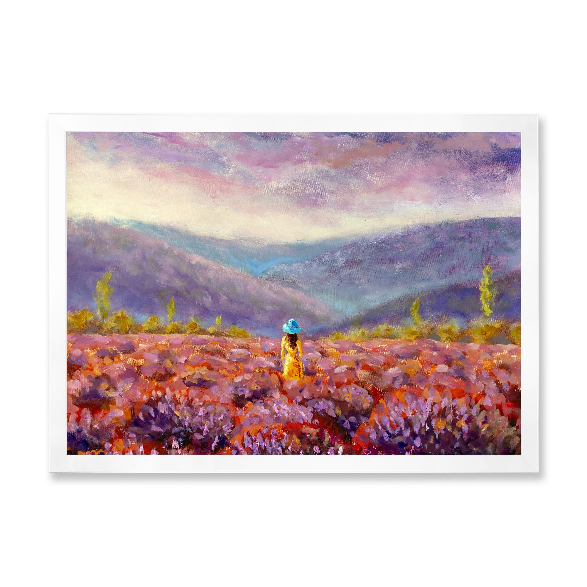 Designart 'Girl In Yellow Dress & Hat Walking Through Fields' Traditional Framed Art Print