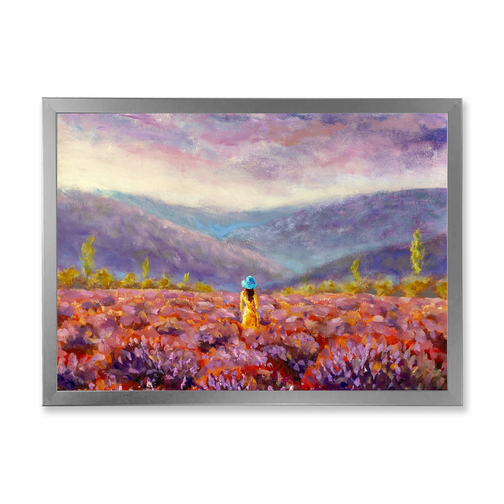 Designart 'Girl In Yellow Dress & Hat Walking Through Fields' Traditional Framed Art Print