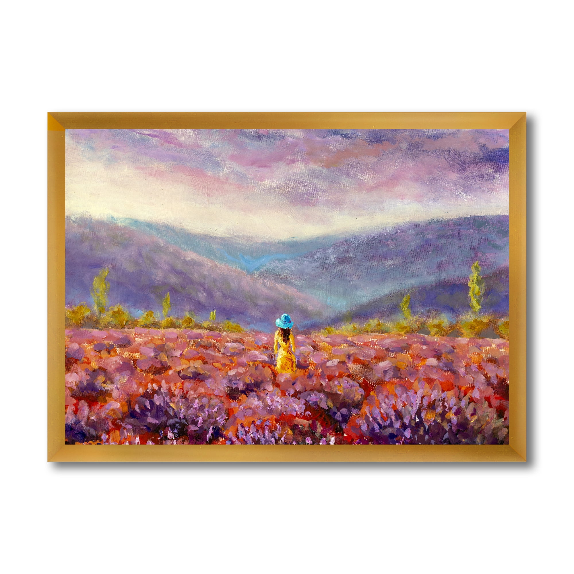 Designart 'Girl In Yellow Dress & Hat Walking Through Fields' Traditional Framed Art Print