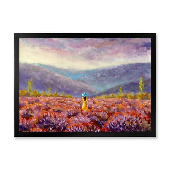 Designart 'Girl In Yellow Dress & Hat Walking Through Fields' Traditional Framed Art Print