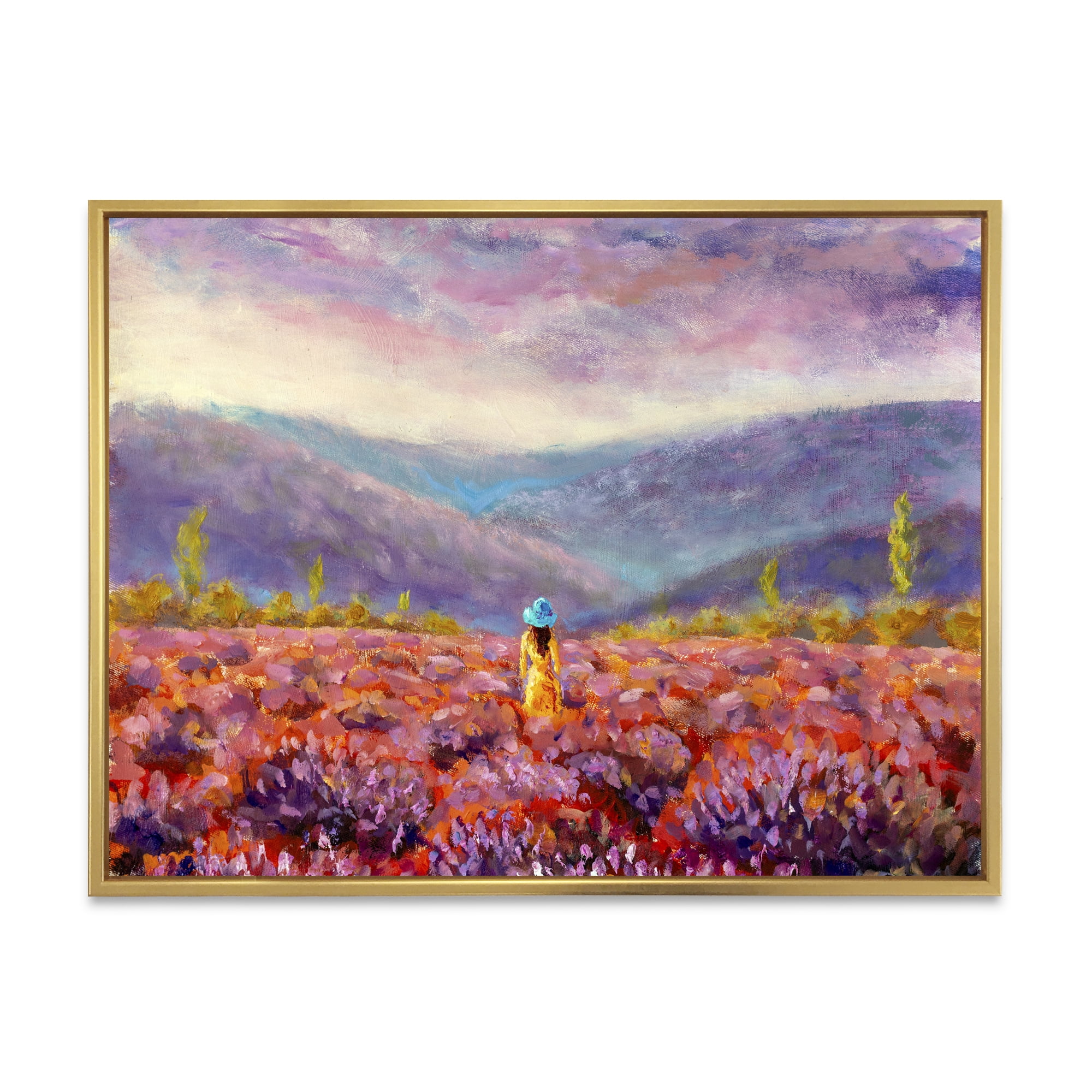Designart 'Girl In Yellow Dress & Hat Walking Through Fields' Traditional Framed Canvas Wall Art Print
