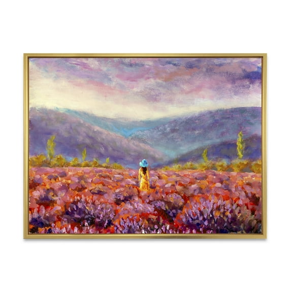 Designart 'Girl In Yellow Dress & Hat Walking Through Fields' Traditional Framed Canvas Wall Art Print