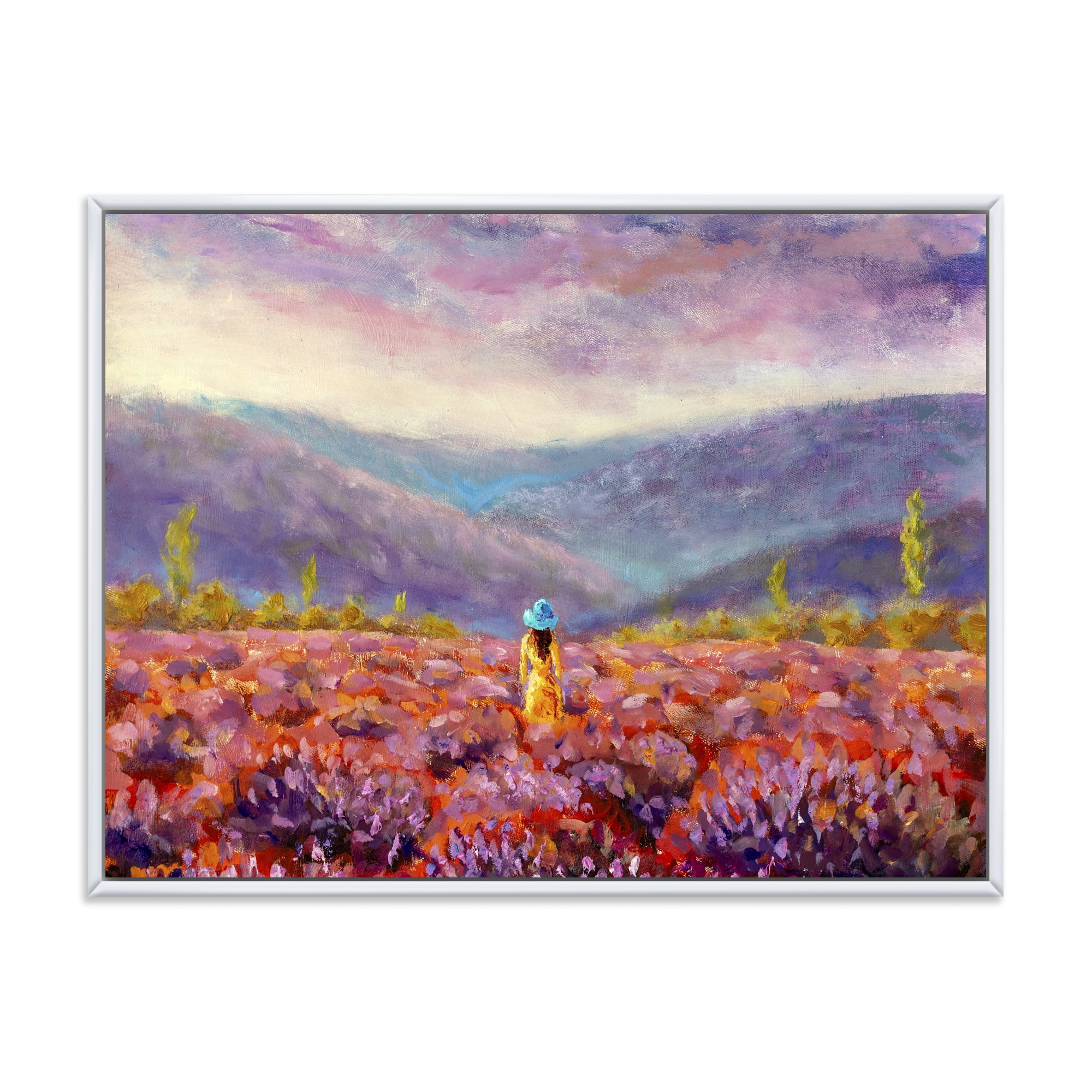 Designart 'Girl In Yellow Dress & Hat Walking Through Fields' Traditional Framed Canvas Wall Art Print
