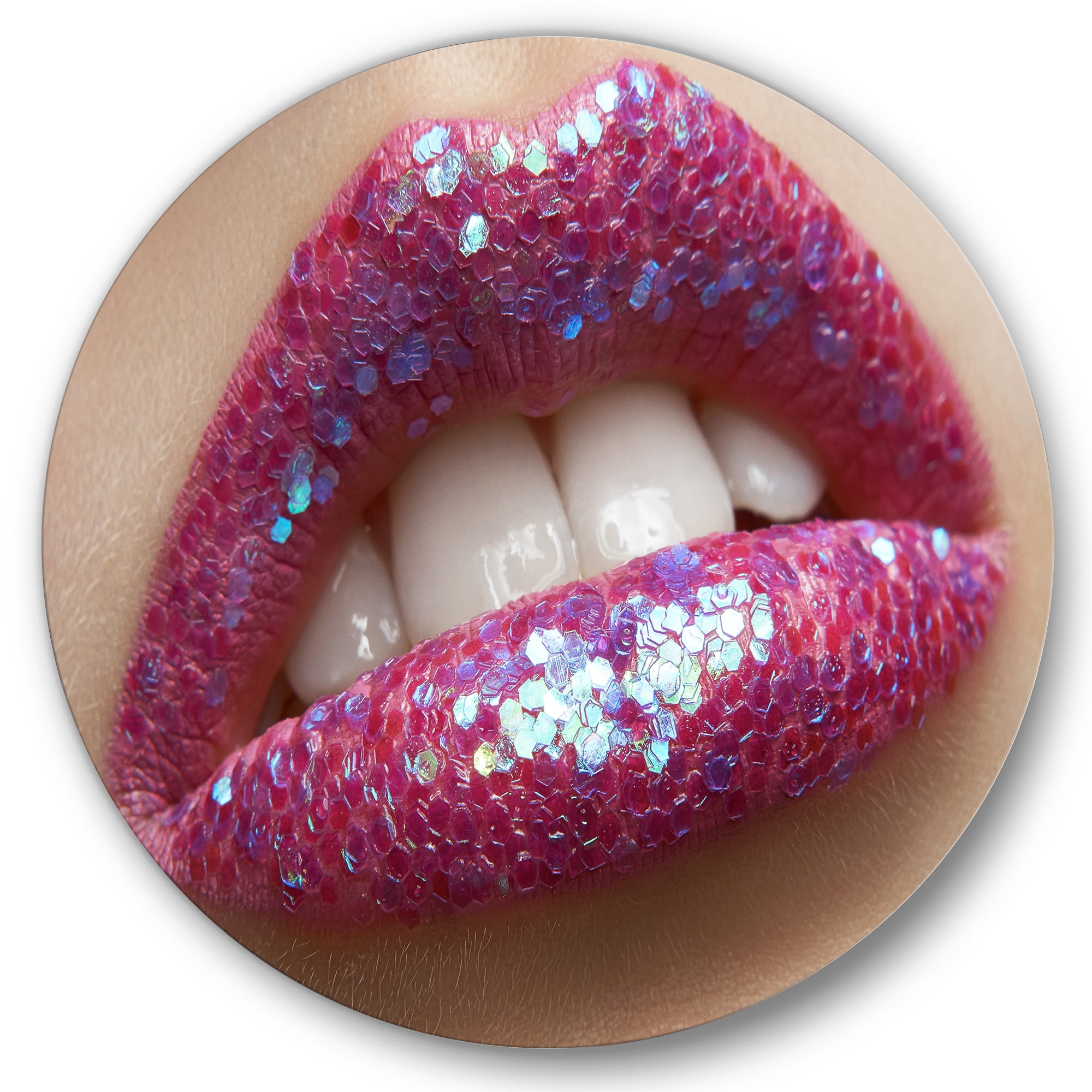 Designart 'Girl Lips Pink Lipstick and Sequins' Modern Circle Metal Wall Art 23x23 - Disc of 23