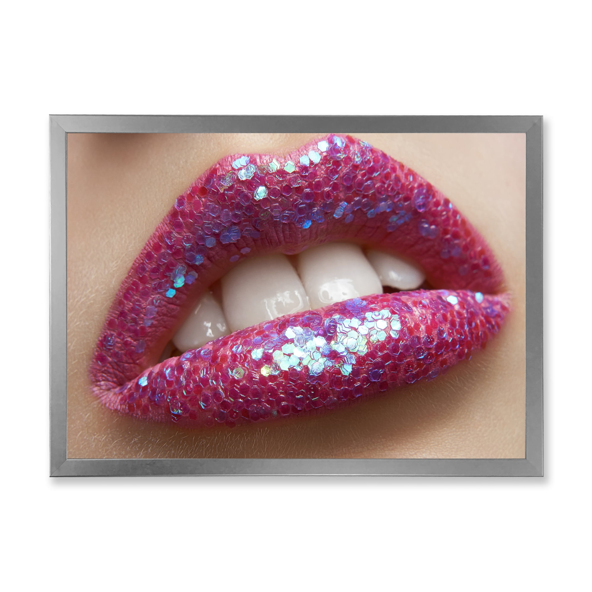 Designart 'Girl Lips Pink Lipstick and Sequins' Modern Framed Art Print