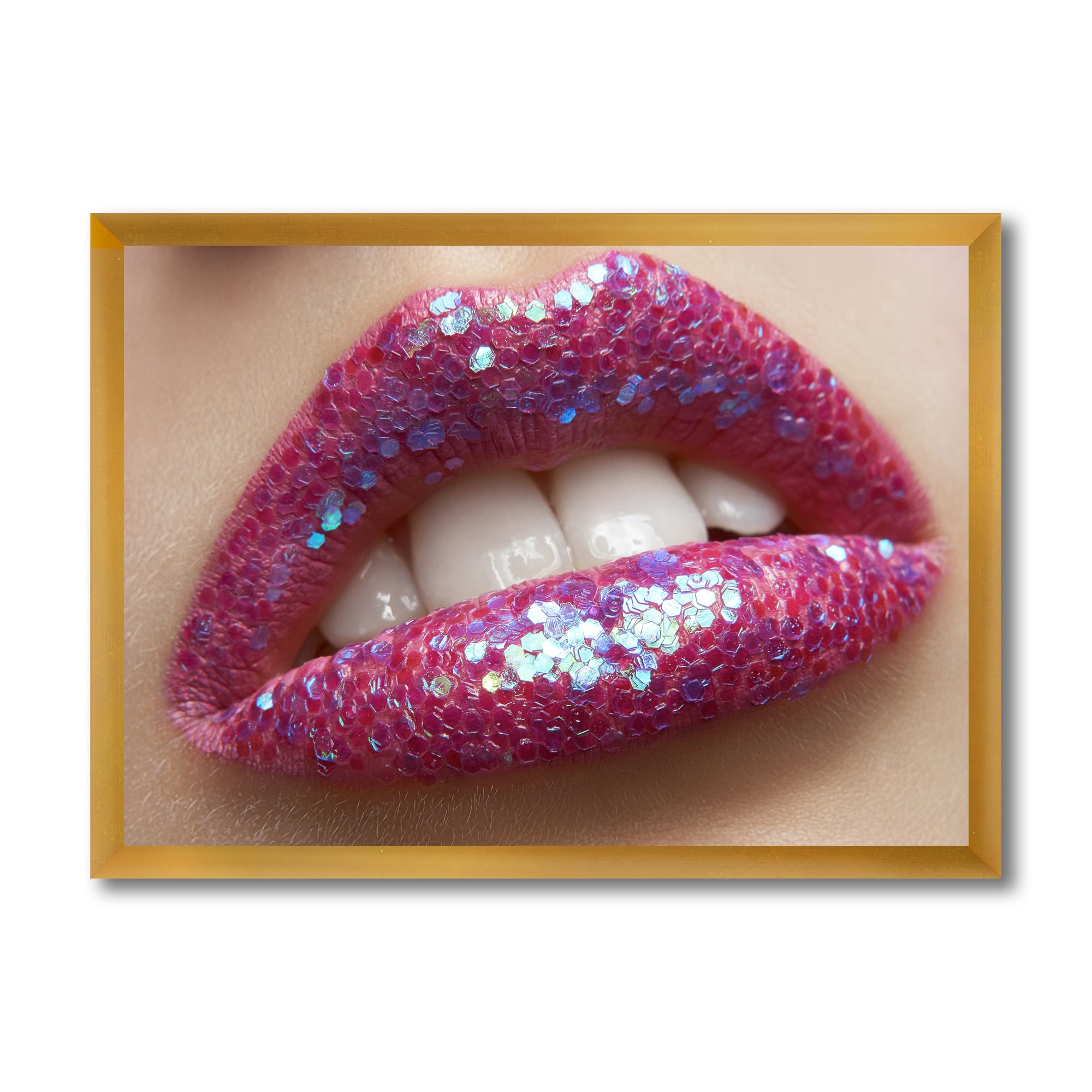 Designart 'Girl Lips Pink Lipstick and Sequins' Modern Framed Art Print