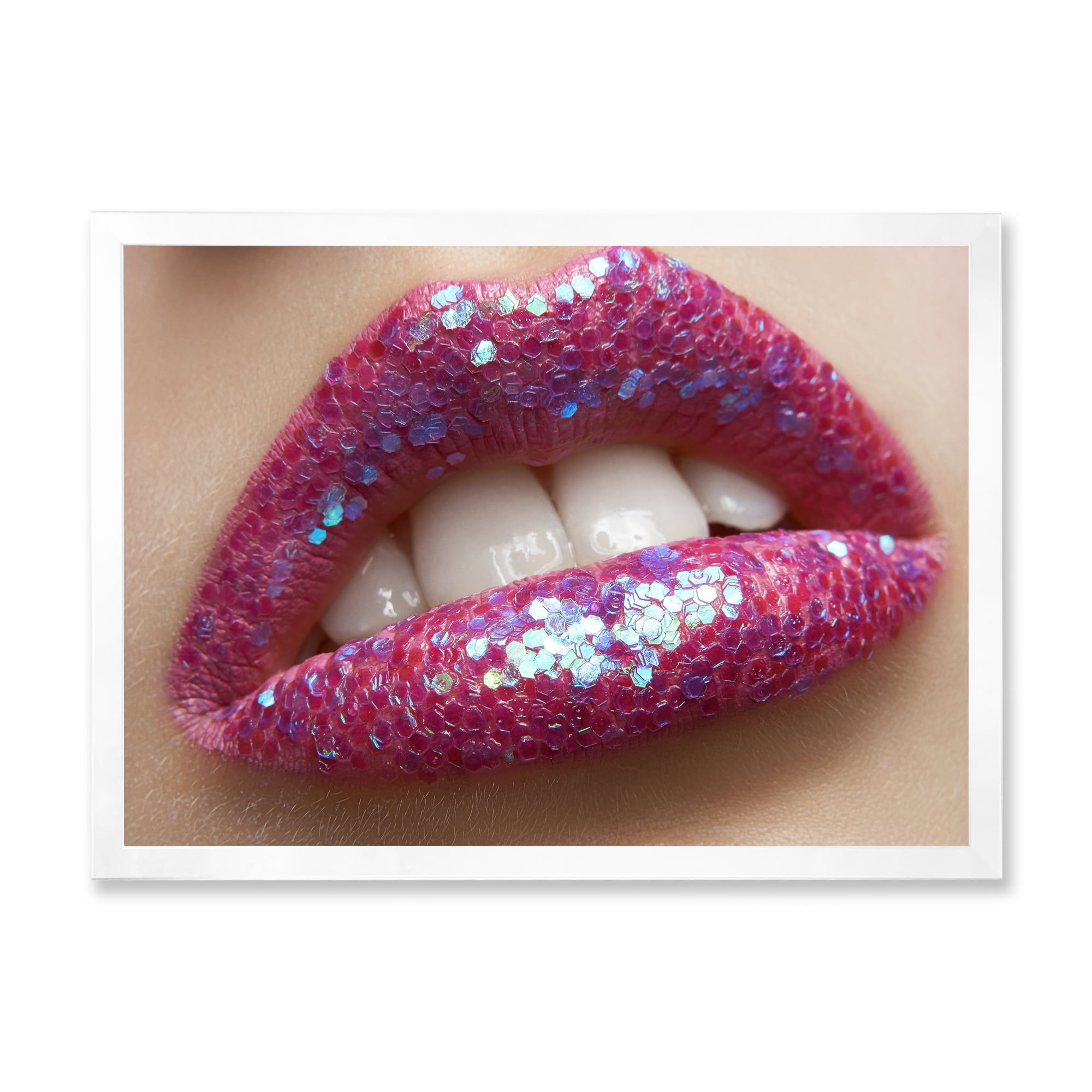 Designart 'Girl Lips Pink Lipstick and Sequins' Modern Framed Art Print