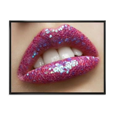 Designart 'Girl Lips Pink Lipstick and Sequins' Modern Framed Canvas Wall Art Print