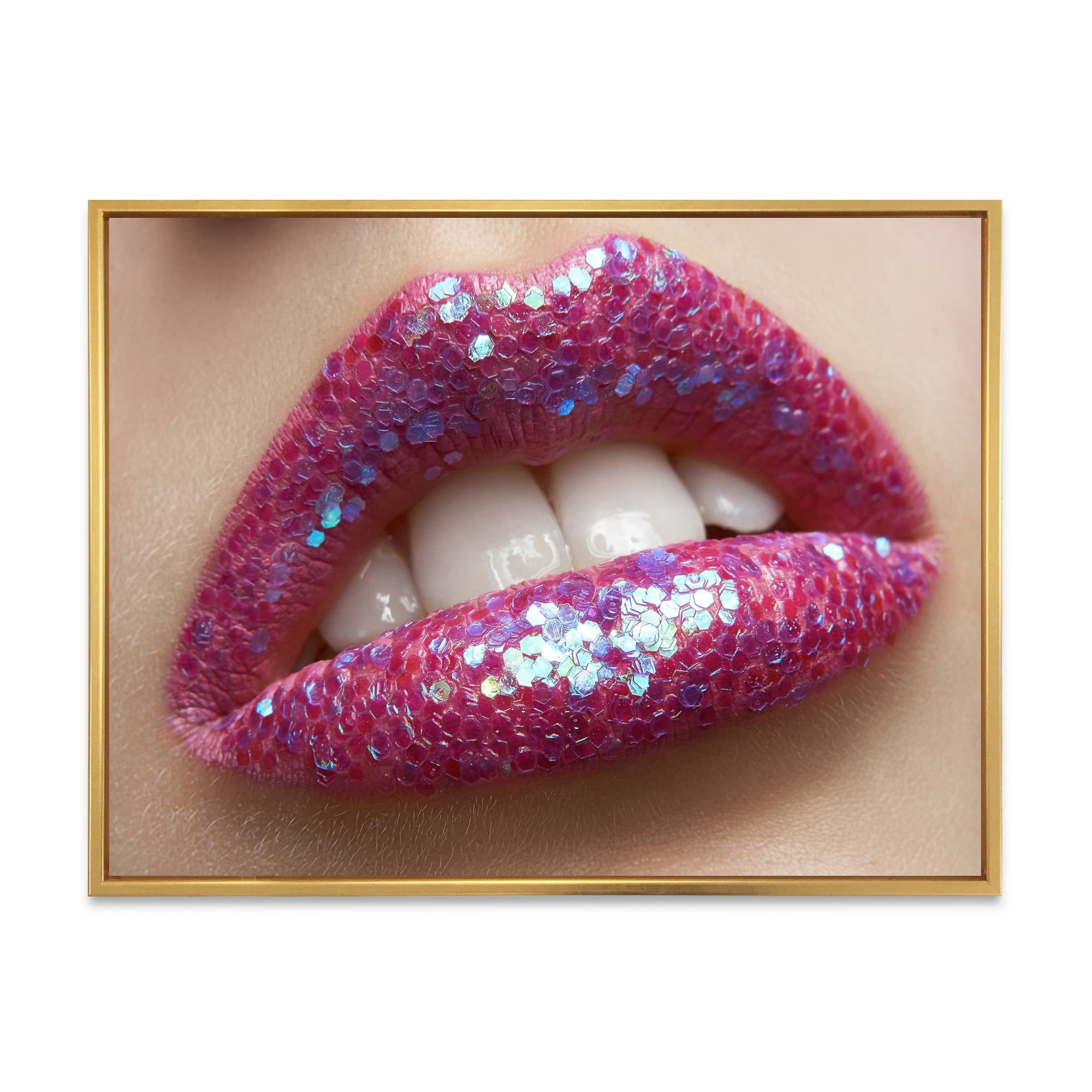 Designart 'Girl Lips Pink Lipstick and Sequins' Modern Framed Canvas Wall Art Print