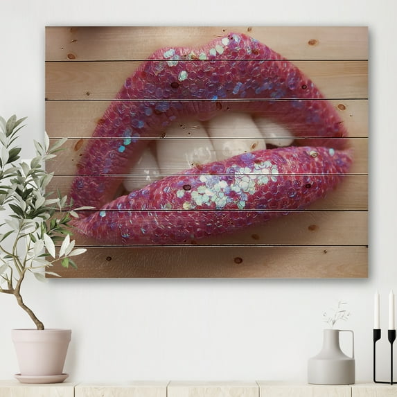Designart 'Girl Lips Pink Lipstick and Sequins' Modern Print on Natural Pine Wood