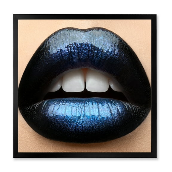 Designart 'Girl Lips With Black and Blue Lipstick' Modern Framed Art Print