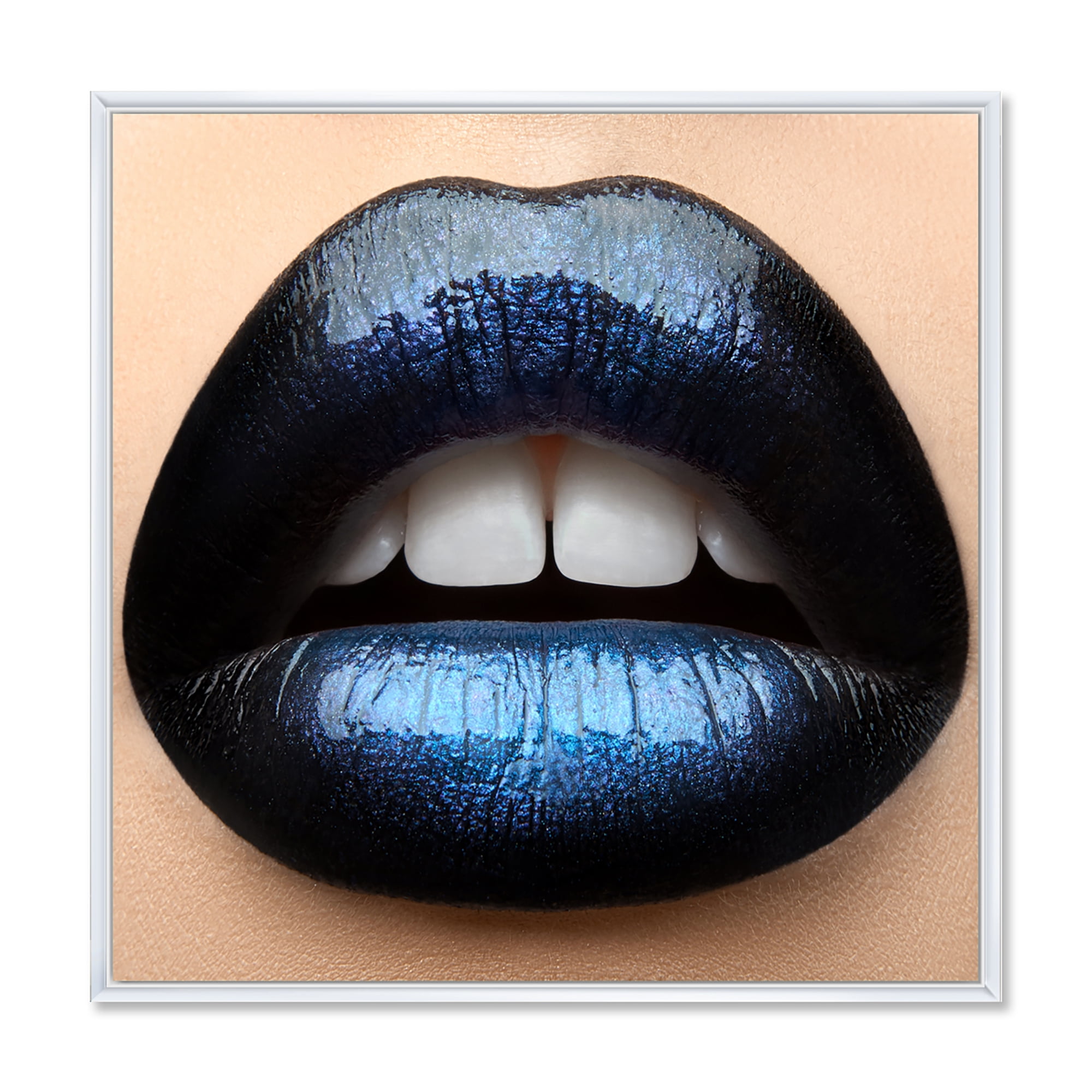 Designart 'Girl Lips With Black and Blue Lipstick' Modern Framed Canvas Wall Art Print