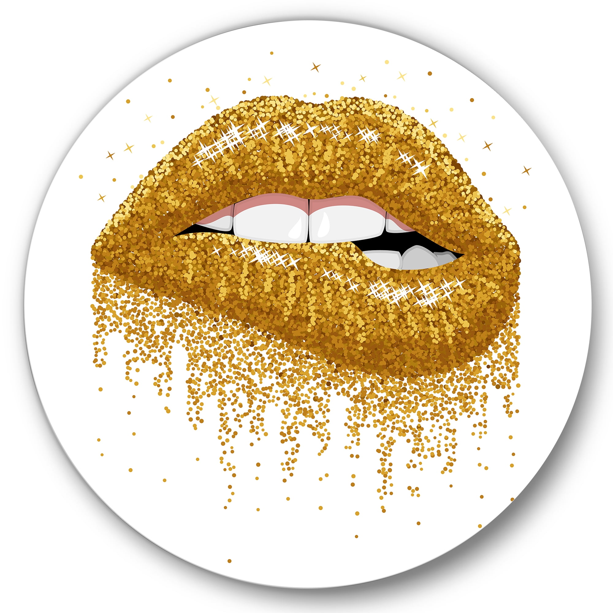 Designart 'Girl Lips With Glitter Gold Sparkles' Modern Circle Metal Wall Art 23x23 - Disc of 23