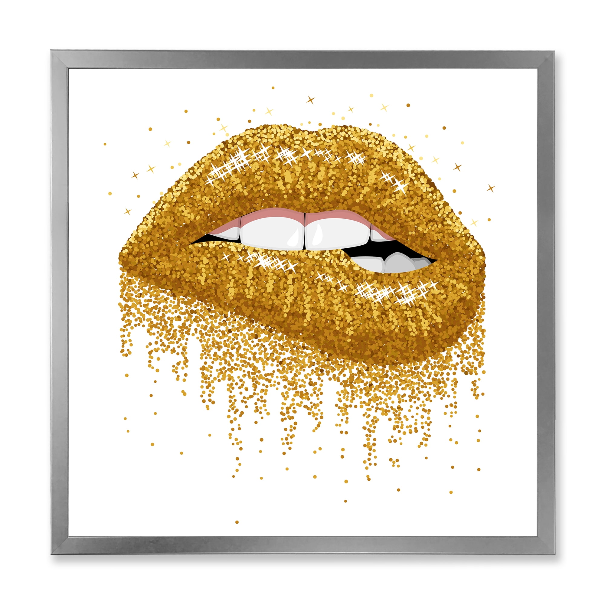 Designart 'Girl Lips With Glitter Gold Sparkles' Modern Framed Art Print