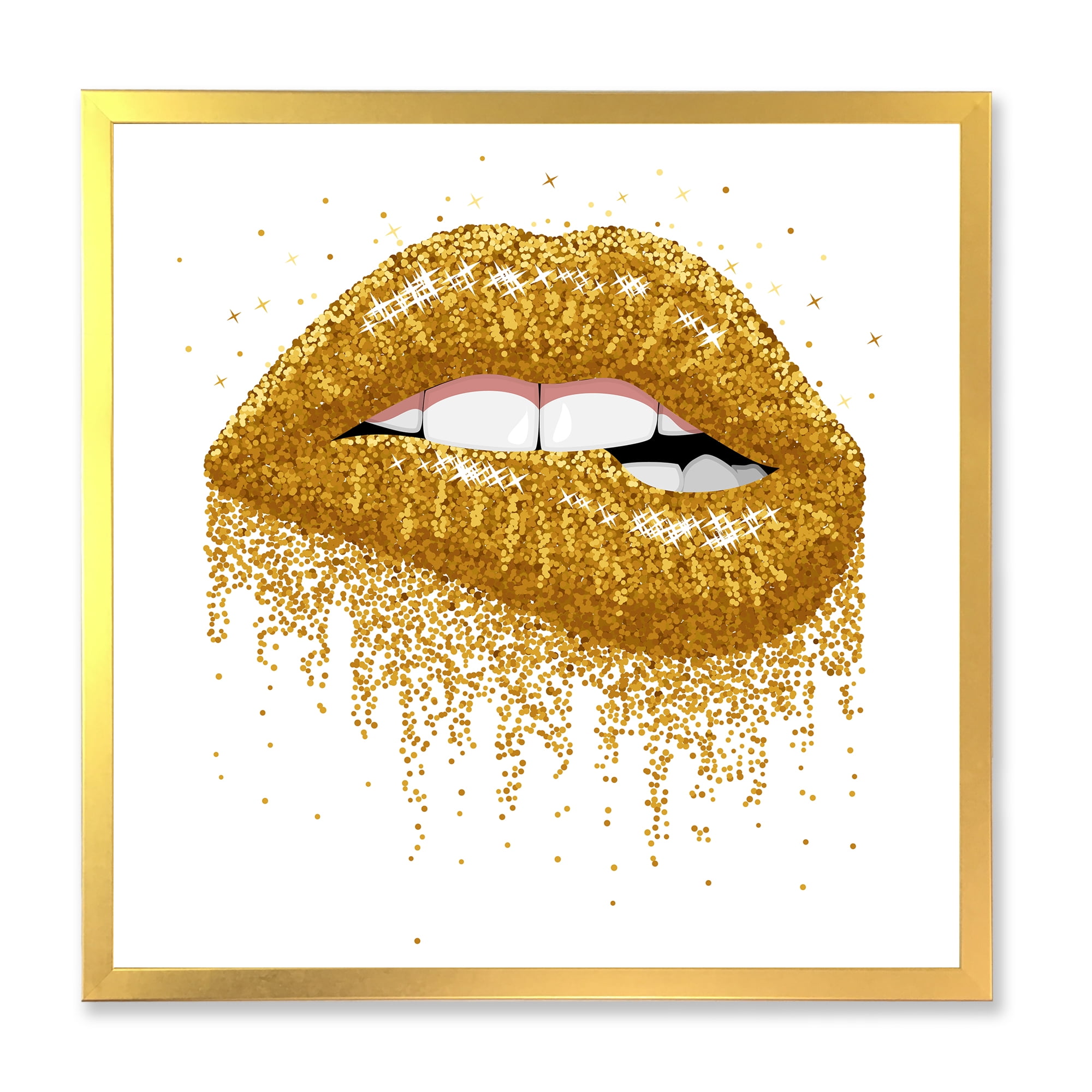 Designart 'Girl Lips With Glitter Gold Sparkles' Modern Framed Art Print